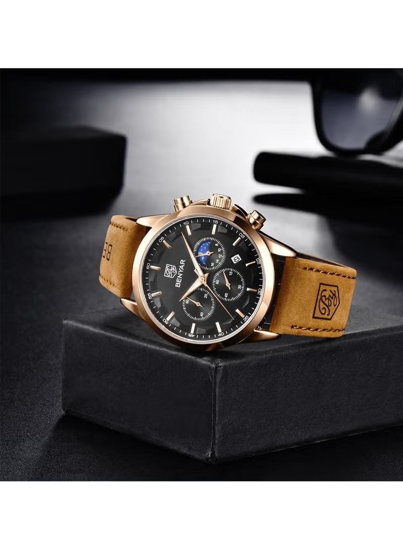 BENYAR Watches for Men Luxury Quartz Water Resistant Watch Men's Chronograph Genuine Leather Strap 5160 Black - Image 4
